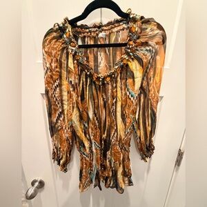 Cache Embellished Beaded Boho Peasant Blouse Viscose small
